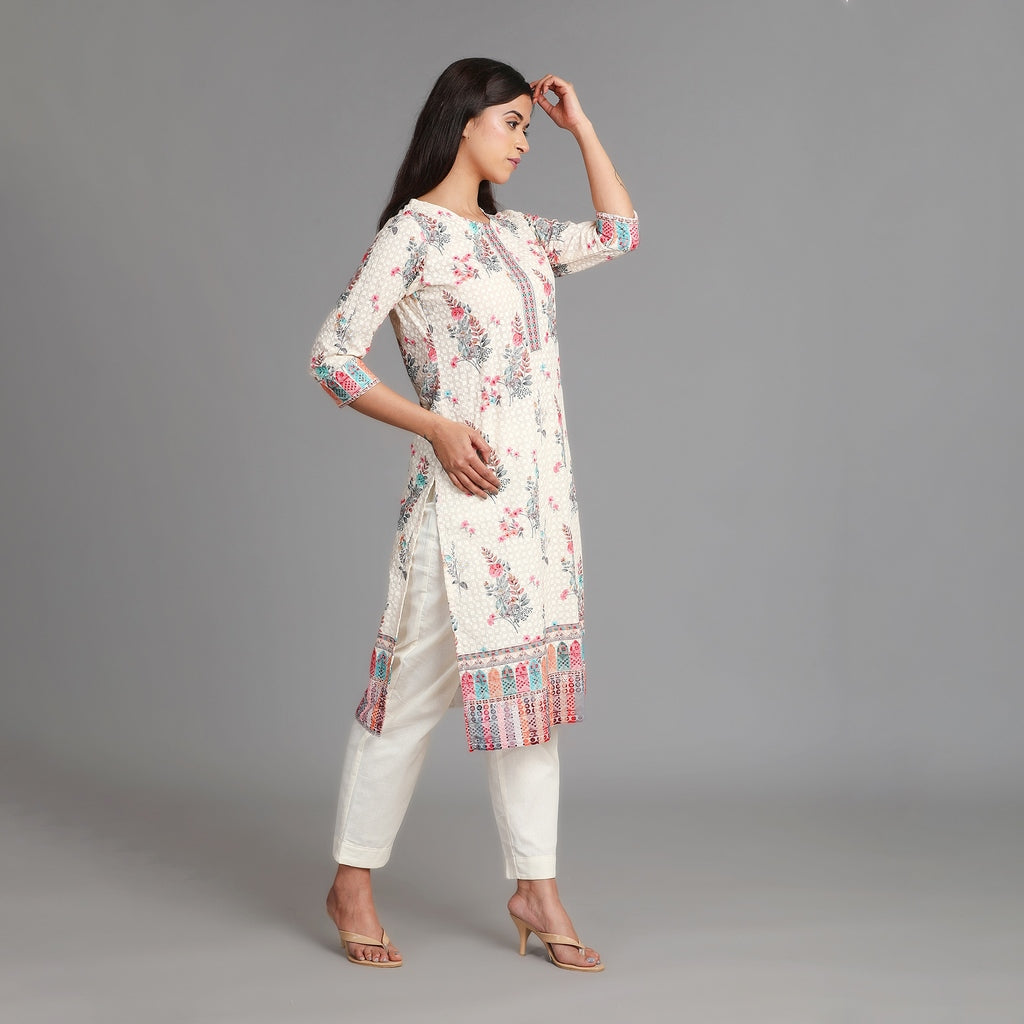 Off White & Pink Square Schiffli Cotton Suit Set with Chiffon Dupatta– 3pc - Aavarana by Karnika