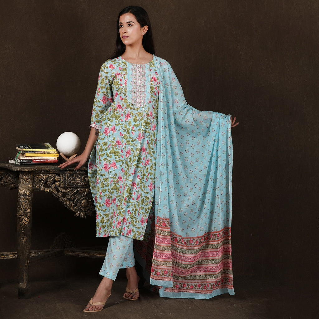 Light blue Cotton Straight Suit Set with Gotapatti Work on Neckline – 3pc - Aavarana by Karnika