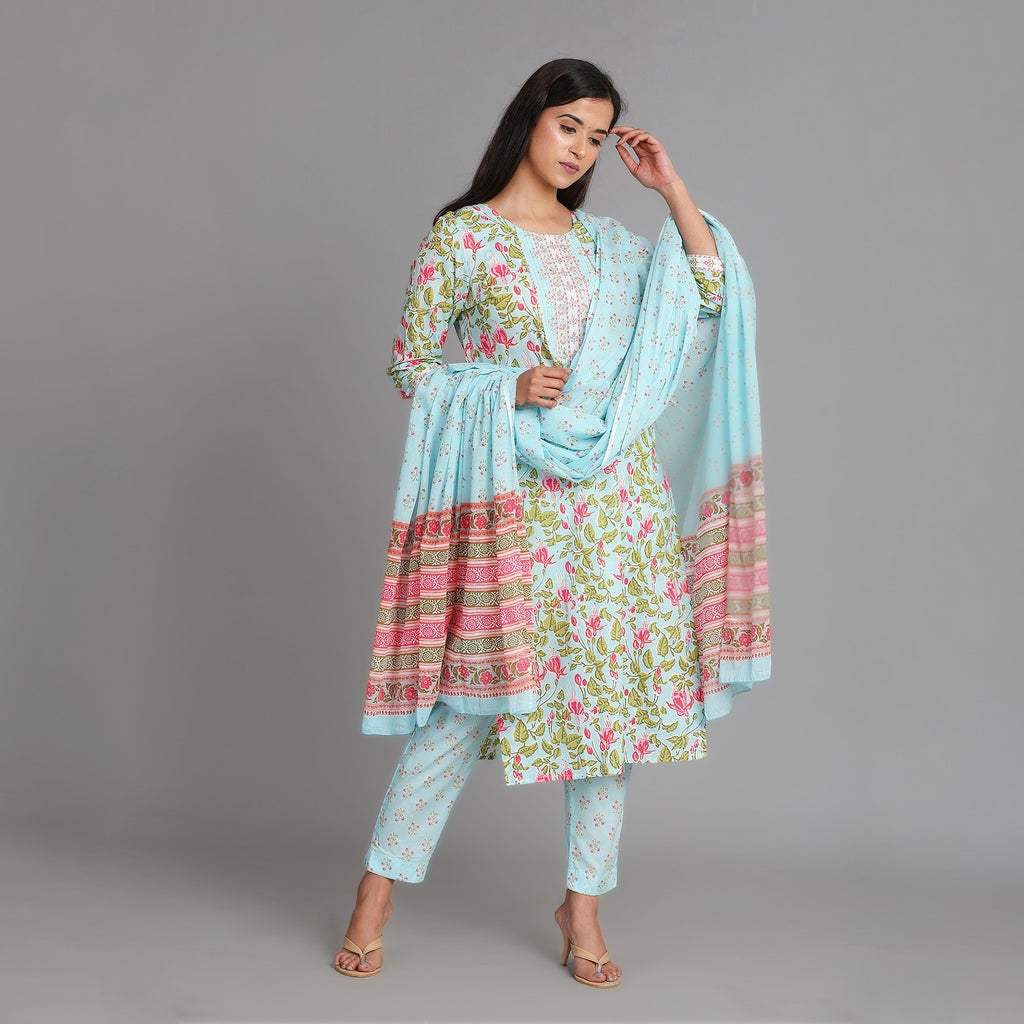 Light blue Cotton Straight Suit Set with Gotapatti Work on Neckline – 3pc - Aavarana by Karnika