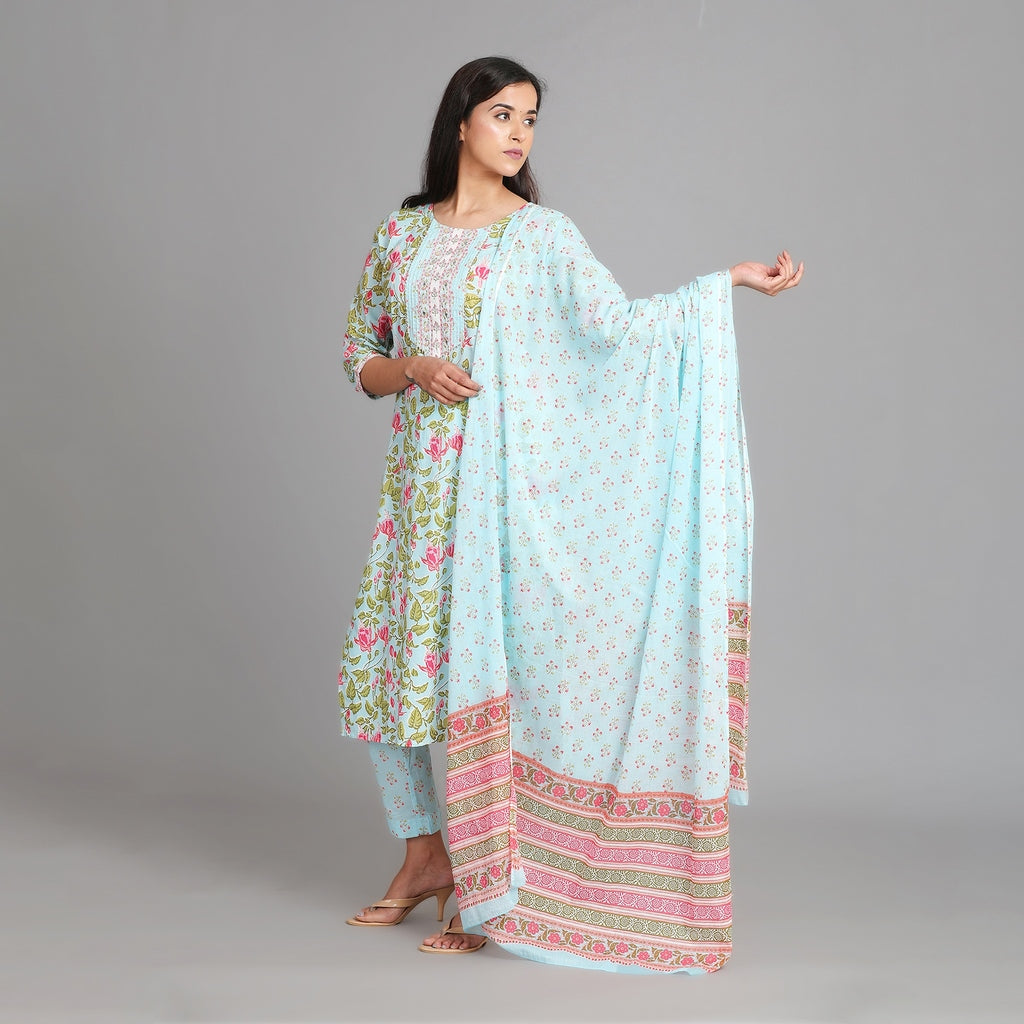 Light blue Cotton Straight Suit Set with Gotapatti Work on Neckline – 3pc - Aavarana by Karnika