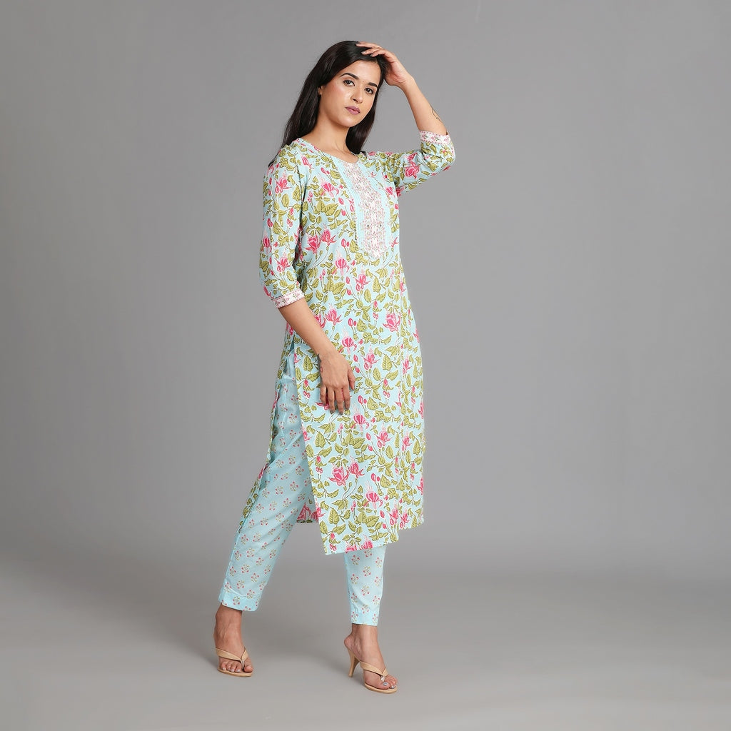 Light blue Cotton Straight Suit Set with Gotapatti Work on Neckline – 3pc - Aavarana by Karnika