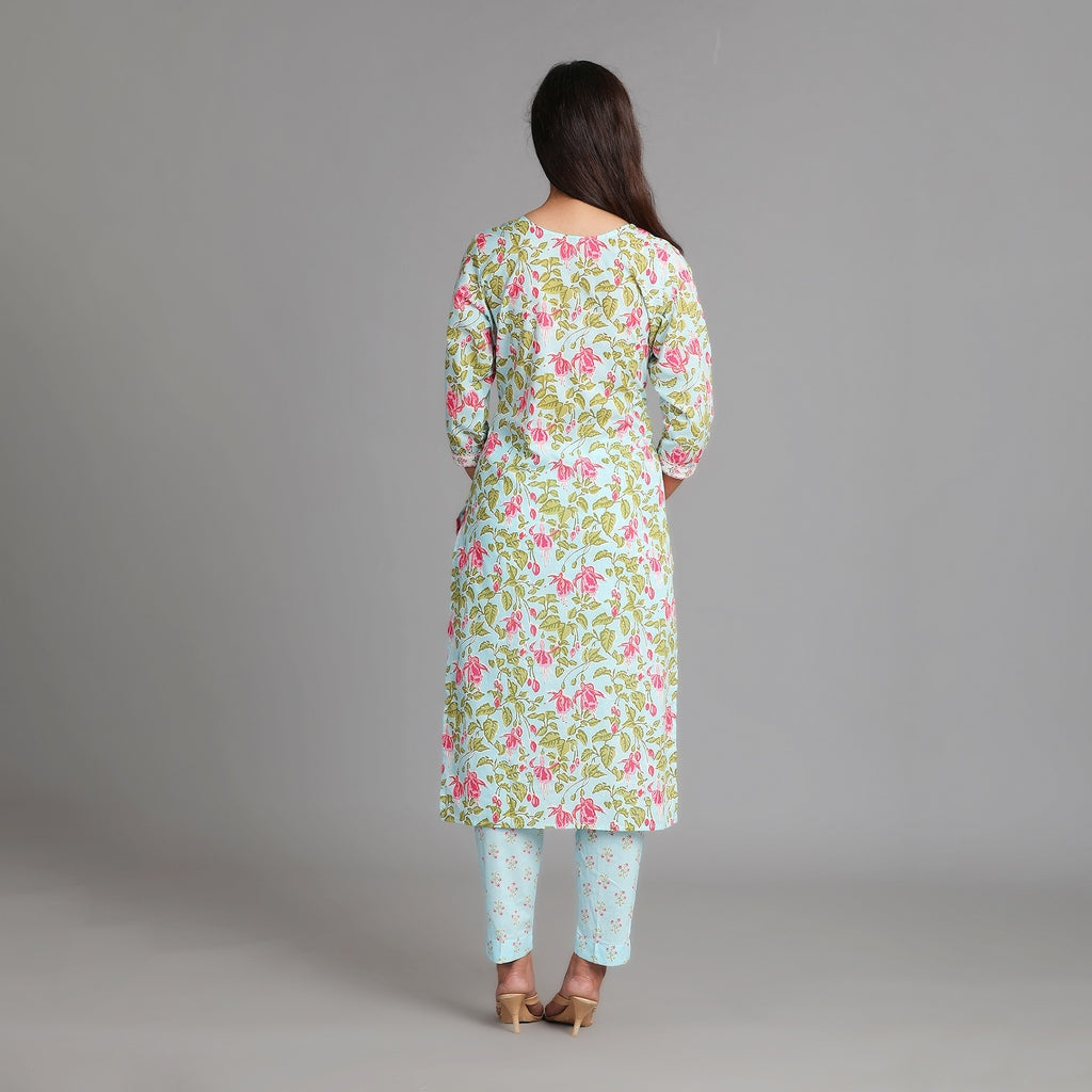 Light blue Cotton Straight Suit Set with Gotapatti Work on Neckline – 3pc - Aavarana by Karnika