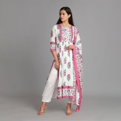 White & Pink Mul Cotton Naira Suit Set– 3pc - Aavarana by Karnika