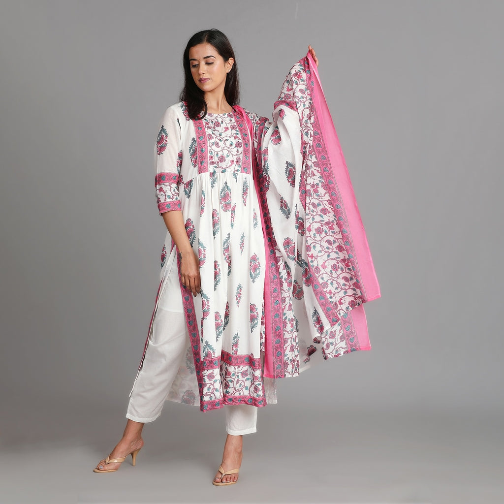 White & Pink Mul Cotton Naira Suit Set– 3pc - Aavarana by Karnika