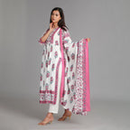 White & Pink Mul Cotton Naira Suit Set– 3pc - Aavarana by Karnika