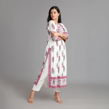 White & Pink Mul Cotton Naira Suit Set– 3pc - Aavarana by Karnika