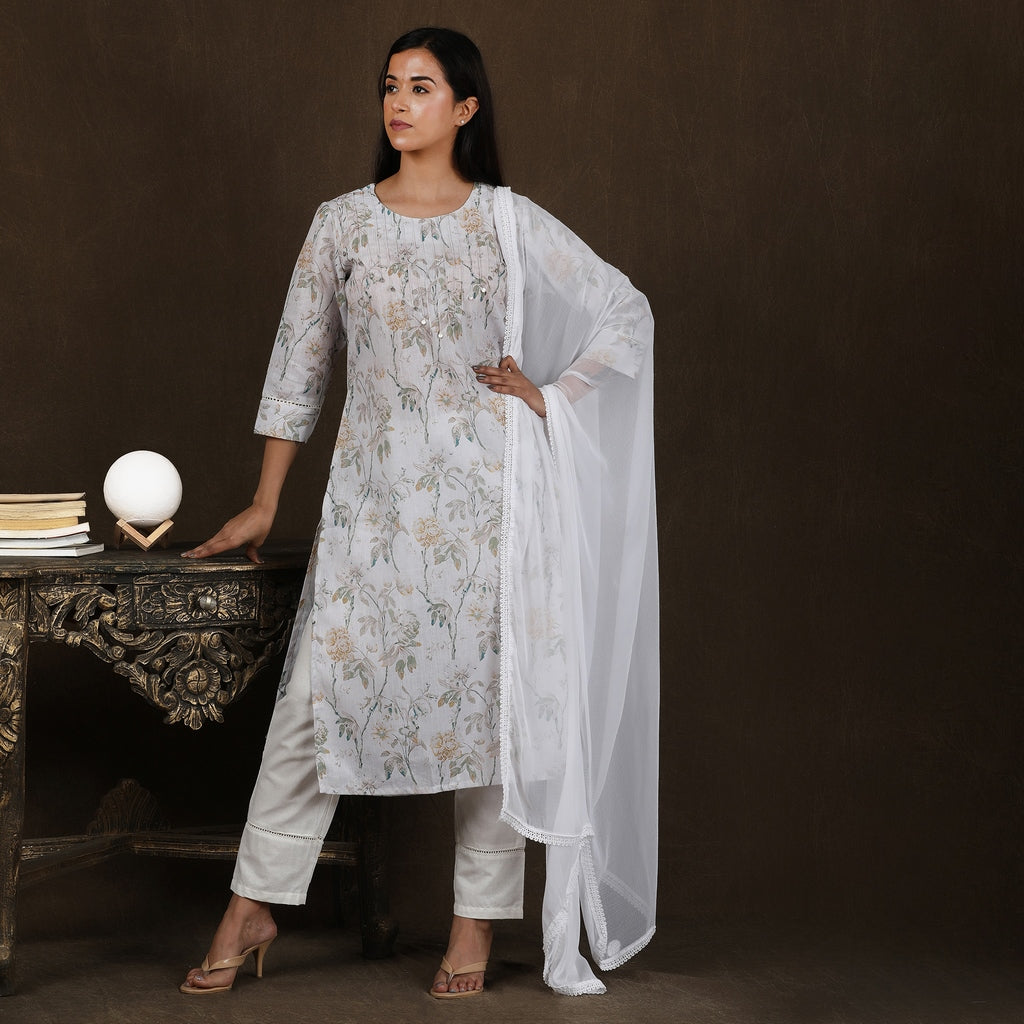 White Linen Cotton Suit Set – 3pc - Aavarana by Karnika