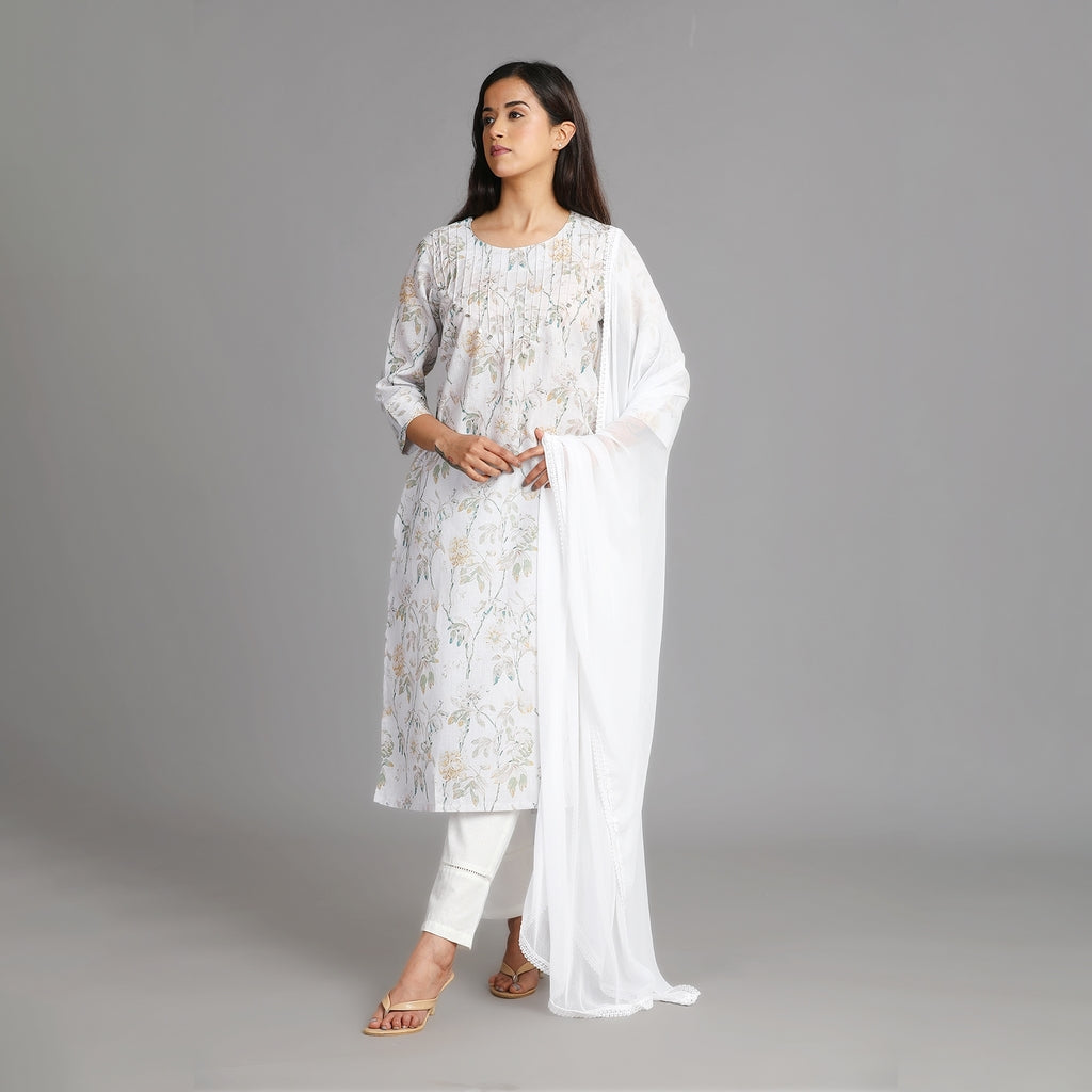 White Linen Cotton Suit Set – 3pc - Aavarana by Karnika