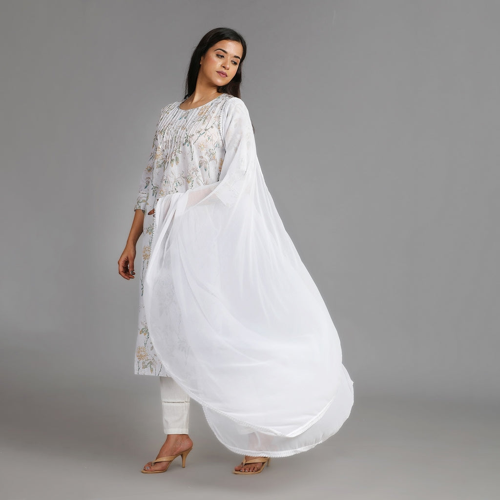 White Linen Cotton Suit Set – 3pc - Aavarana by Karnika