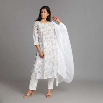 White Linen Cotton Suit Set – 3pc - Aavarana by Karnika