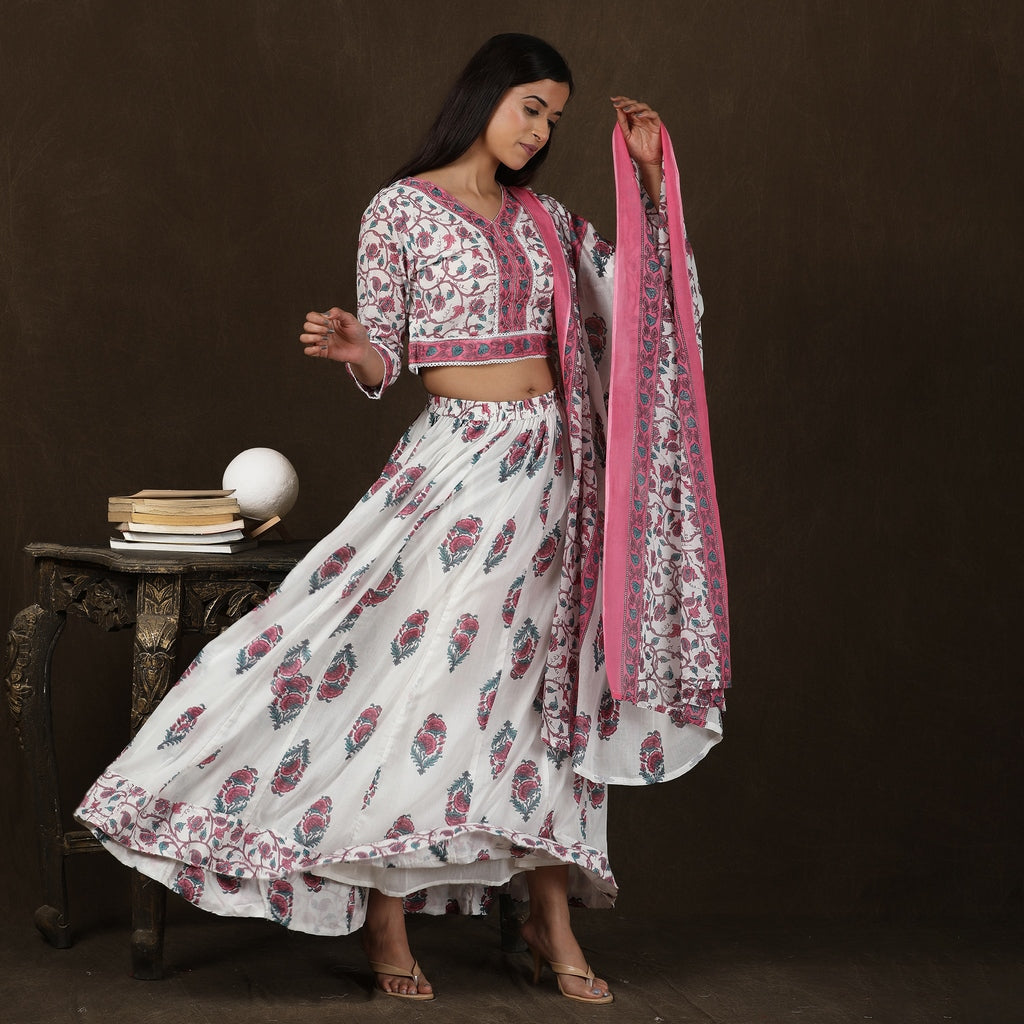 White, Pink and Green Mul Cotton Crop Top & Skirt Set with Dupatta – 3pc - Aavarana by Karnika