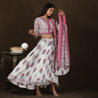 White, Pink and Green Mul Cotton Crop Top & Skirt Set with Dupatta – 3pc - Aavarana by Karnika