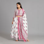 White, Pink and Green Mul Cotton Crop Top & Skirt Set with Dupatta – 3pc - Aavarana by Karnika