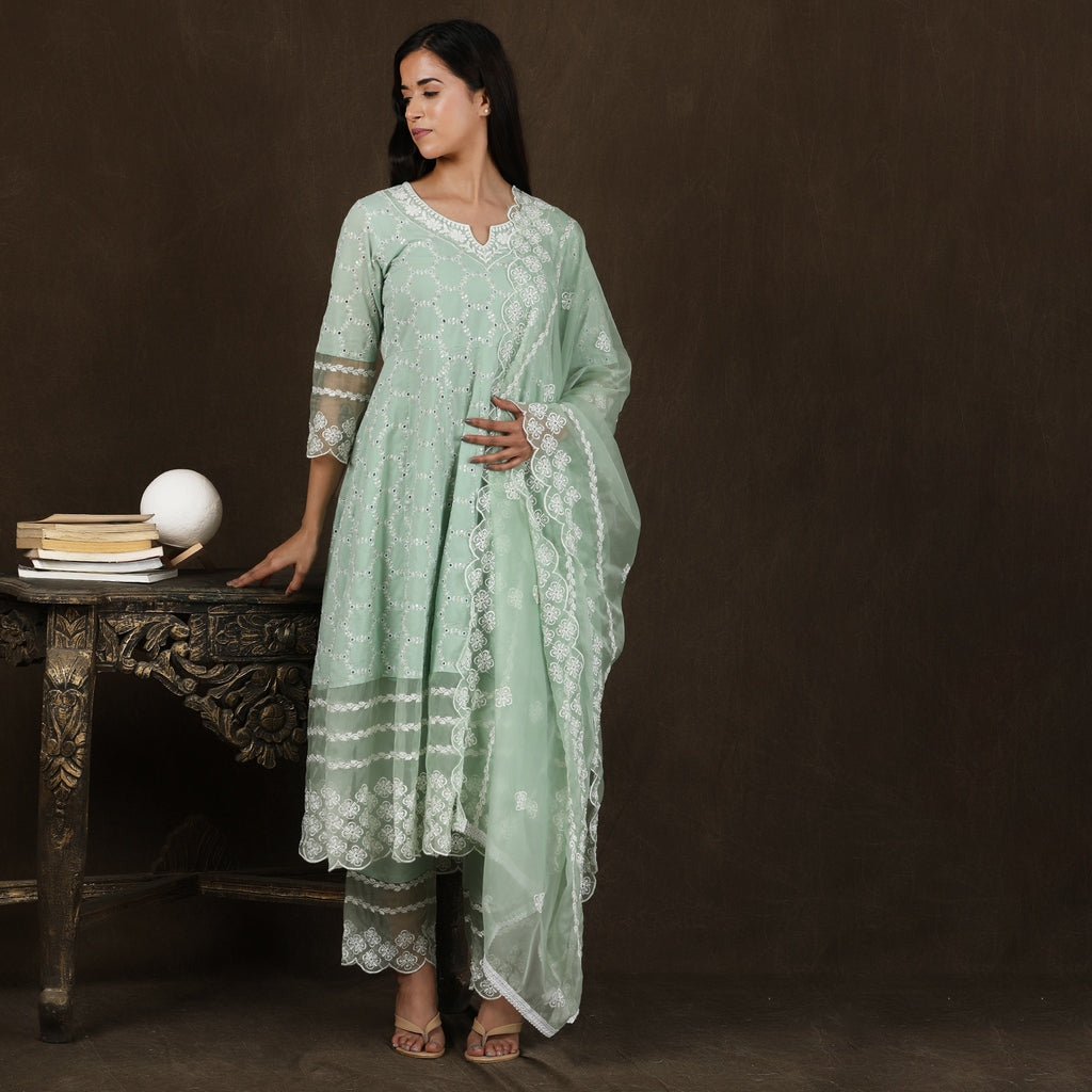 Powder Green Premium Cotton Heavy All Over Embroidery Suit Set – 3pc - Aavarana by Karnika
