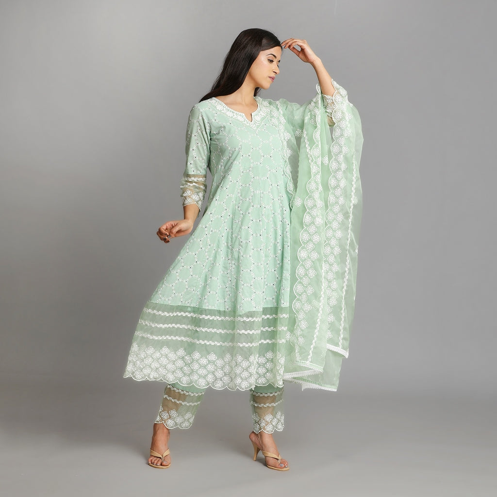 Powder Green Premium Cotton Heavy All Over Embroidery Suit Set – 3pc - Aavarana by Karnika