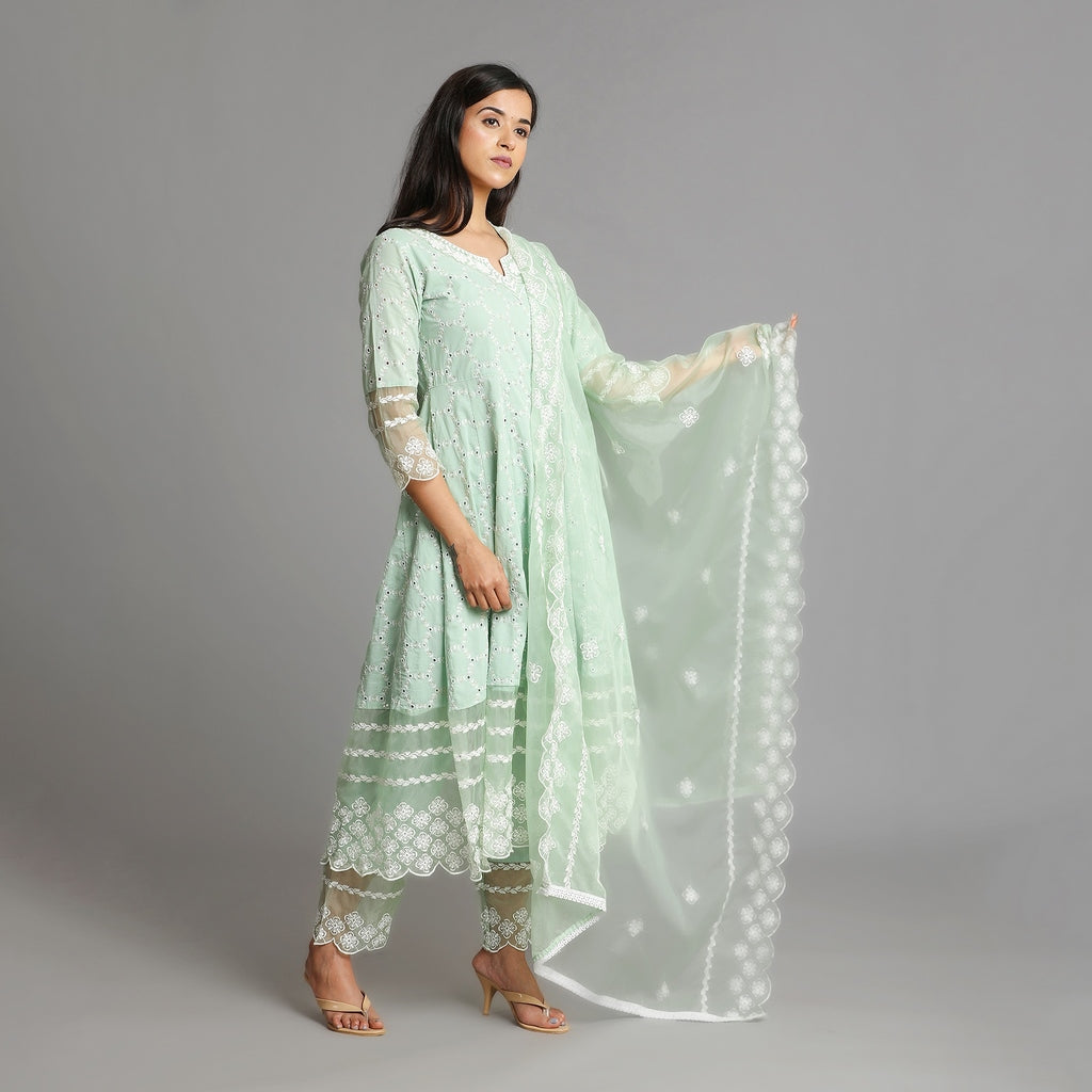 Powder Green Premium Cotton Heavy All Over Embroidery Suit Set – 3pc - Aavarana by Karnika