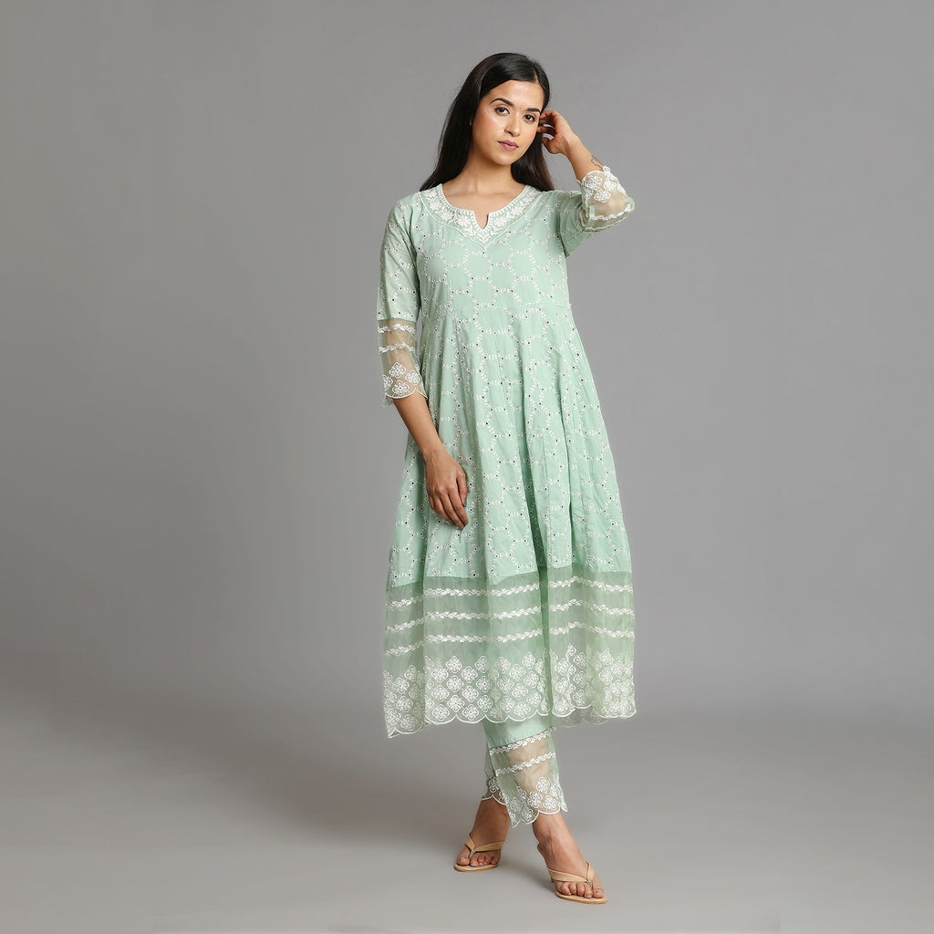 Powder Green Premium Cotton Heavy All Over Embroidery Suit Set – 3pc - Aavarana by Karnika