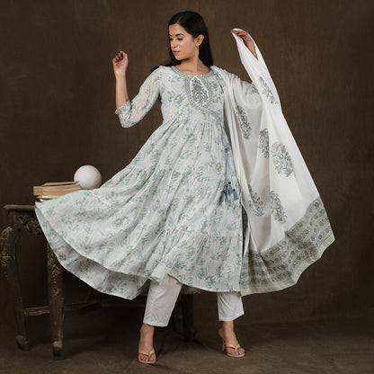 Nirjala Grey Cotton Anarkali Suit Set with Gotapatti Work– 3pc - Aavarana by Karnika