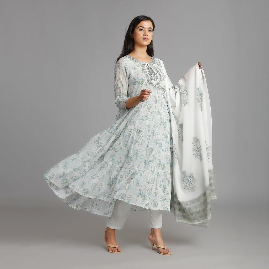 Nirjala Grey Cotton Anarkali Suit Set with Gotapatti Work– 3pc - Aavarana by Karnika