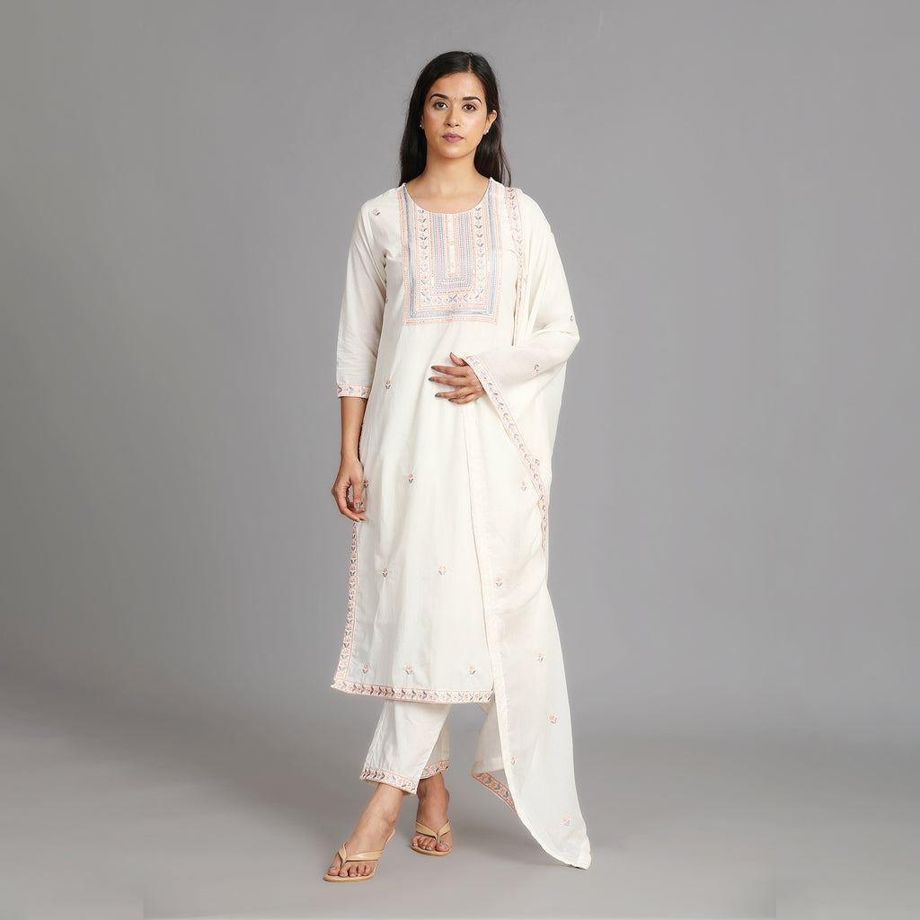 Off-White Cotton Suit Set with All Over Embroidery and Heavy Neckline– 3pc - Aavarana by Karnika