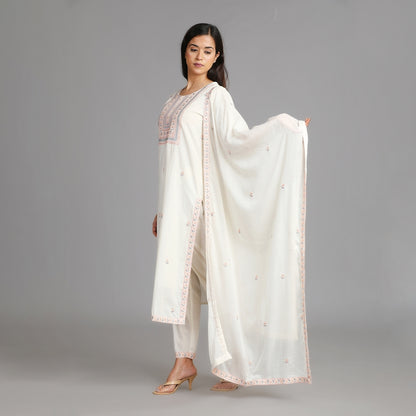 Off-White Cotton Suit Set with All Over Embroidery and Heavy Neckline– 3pc - Aavarana by Karnika