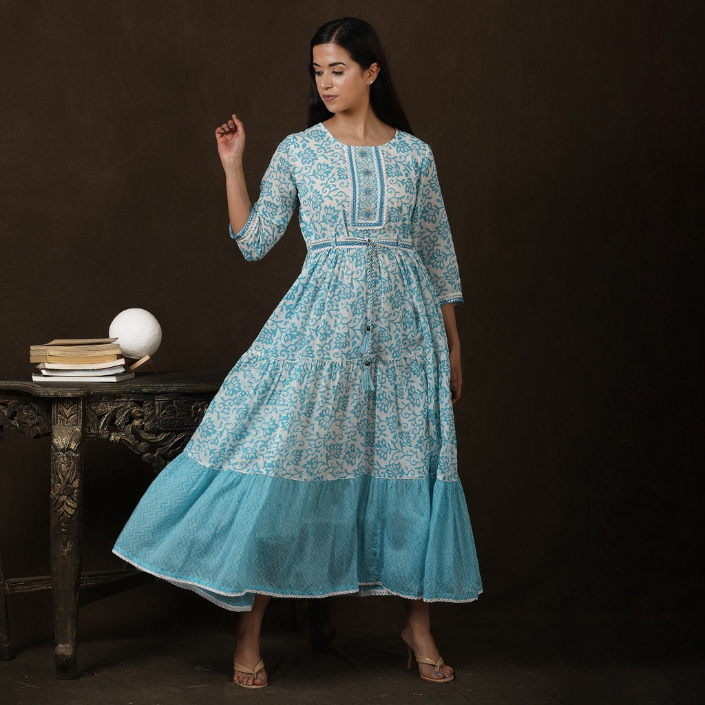 Blue & White Cotton Long Dress with Attached Belt – 1pc - Aavarana by Karnika