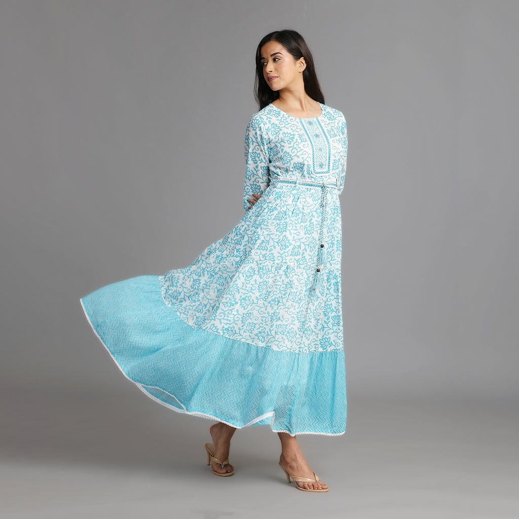 Blue & White Cotton Long Dress with Attached Belt – 1pc - Aavarana by Karnika