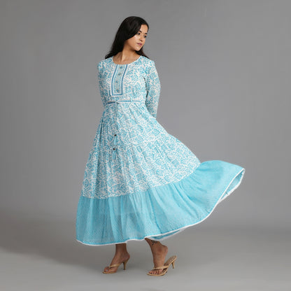 Blue & White Cotton Long Dress with Attached Belt – 1pc - Aavarana by Karnika