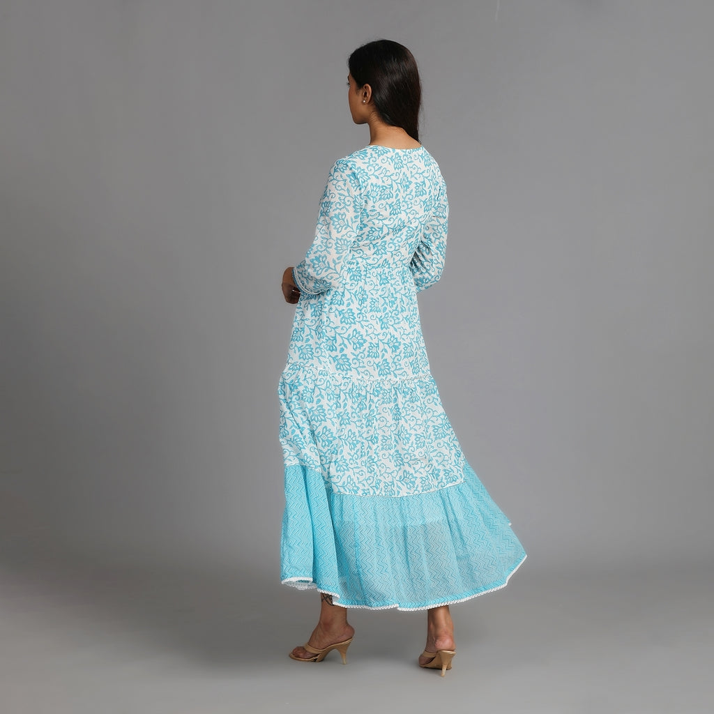 Blue & White Cotton Long Dress with Attached Belt – 1pc - Aavarana by Karnika