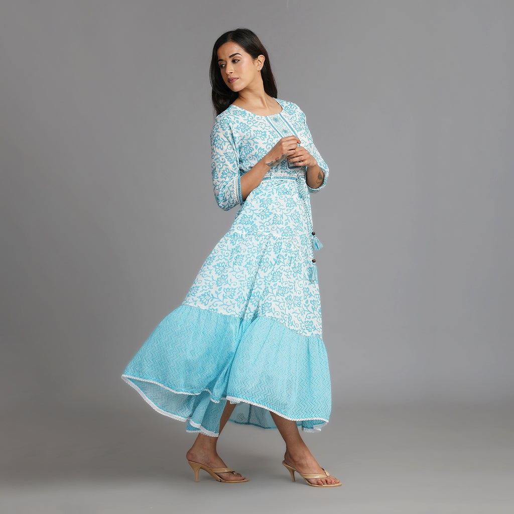 Blue & White Cotton Long Dress with Attached Belt – 1pc - Aavarana by Karnika