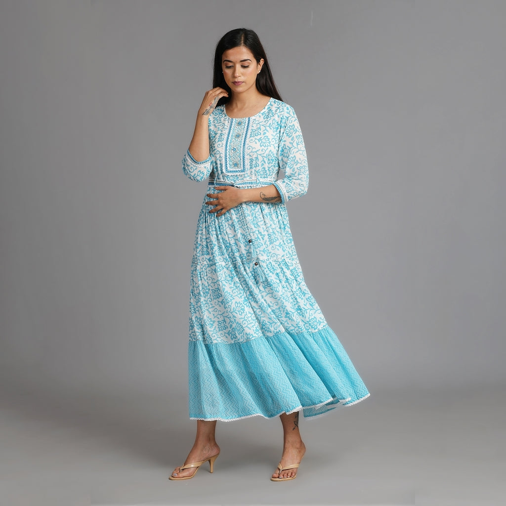 Blue & White Cotton Long Dress with Attached Belt – 1pc - Aavarana by Karnika