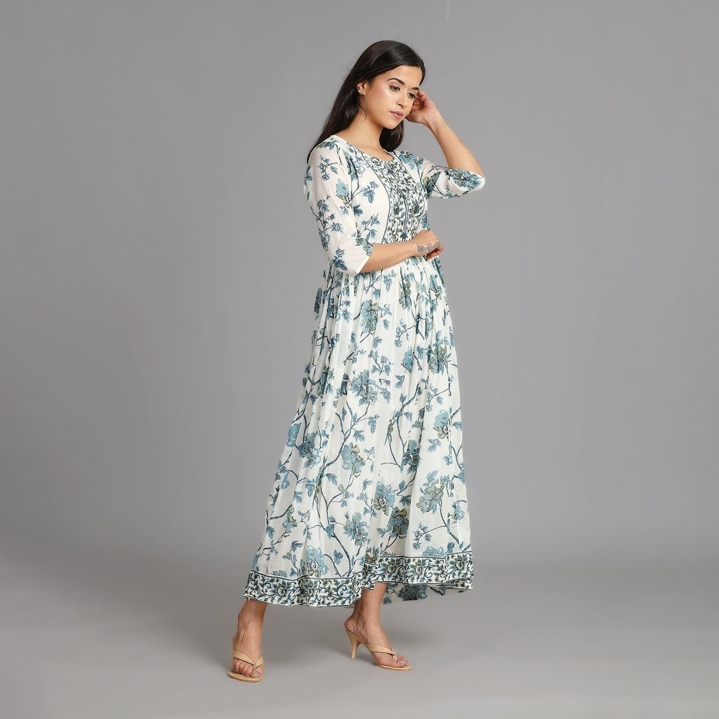 White, Blue & Grey Mul Cotton Long Dress– 1pc - Aavarana by Karnika