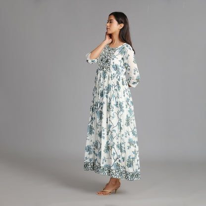 White, Blue & Grey Mul Cotton Long Dress– 1pc - Aavarana by Karnika