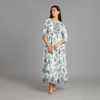 White, Blue & Grey Mul Cotton Long Dress– 1pc - Aavarana by Karnika