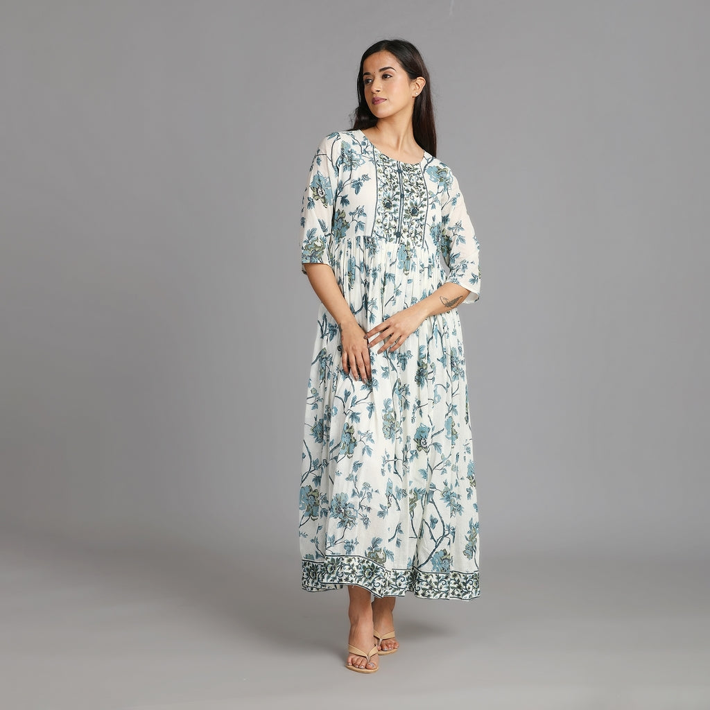 White, Blue & Grey Mul Cotton Long Dress– 1pc - Aavarana by Karnika