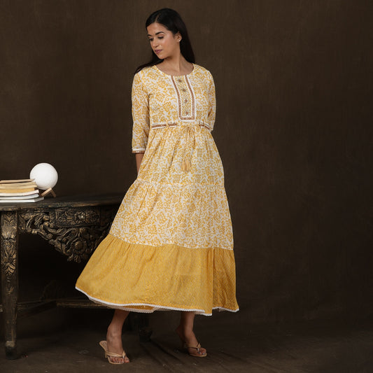 Yellow & White Cotton Long Dress with Attached Belt – 1pc - Aavarana by Karnika