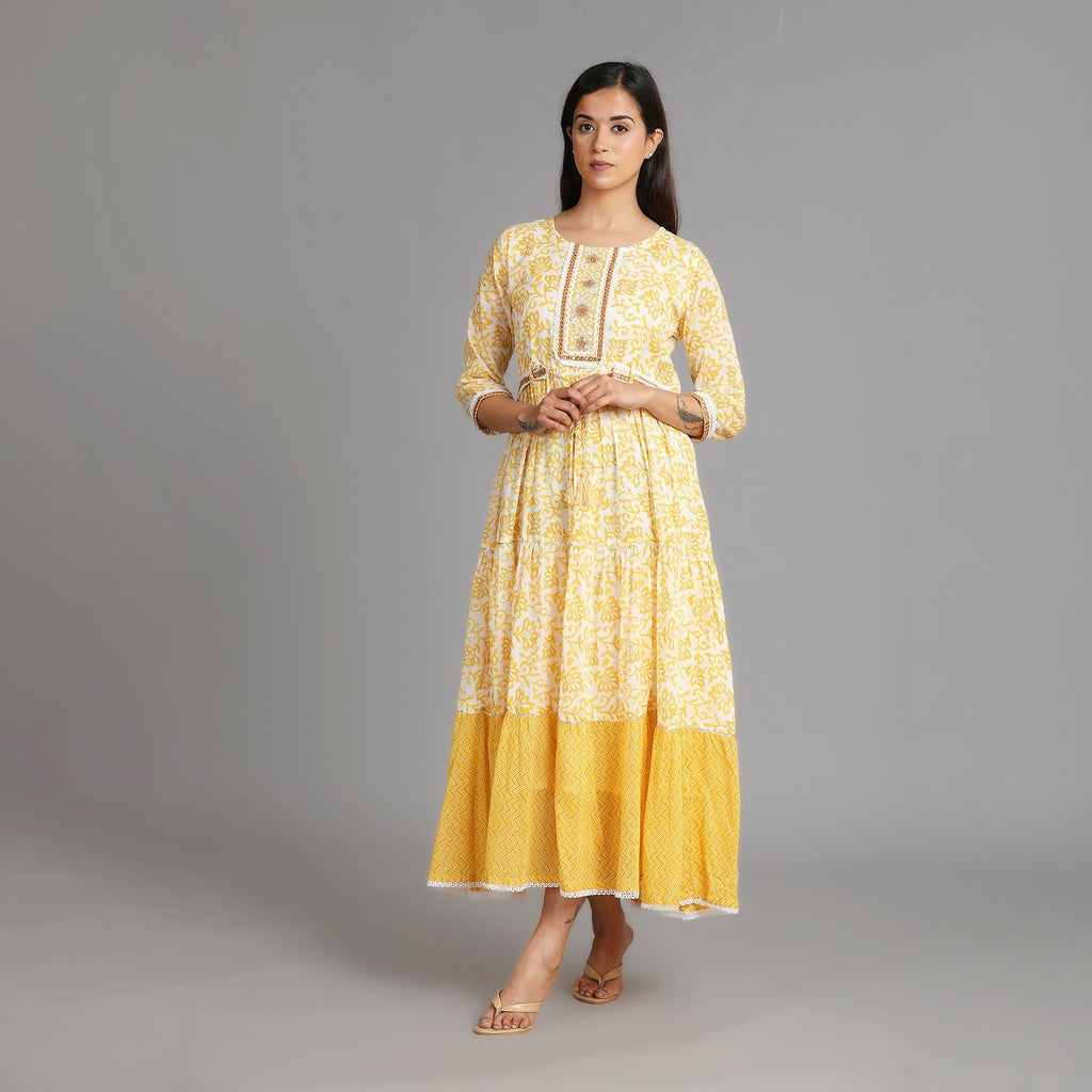 Yellow & White Cotton Long Dress with Attached Belt – 1pc - Aavarana by Karnika