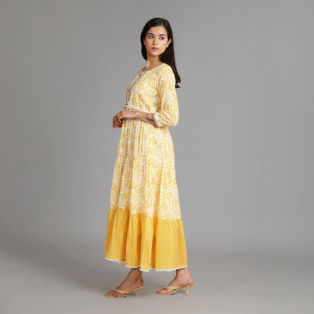 Yellow & White Cotton Long Dress with Attached Belt – 1pc - Aavarana by Karnika