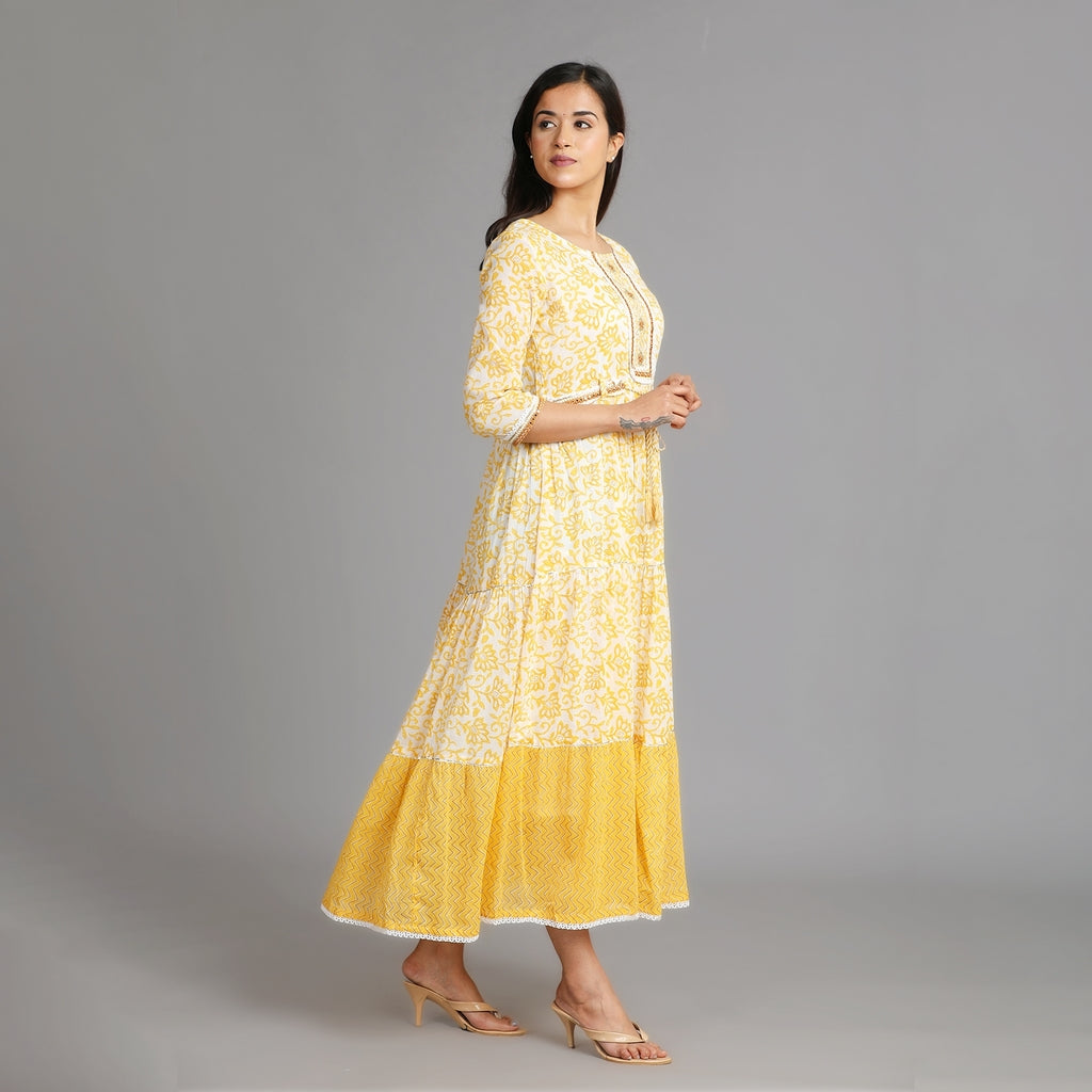 Yellow & White Cotton Long Dress with Attached Belt – 1pc - Aavarana by Karnika