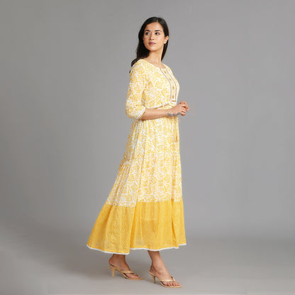 Yellow & White Cotton Long Dress with Attached Belt – 1pc - Aavarana by Karnika