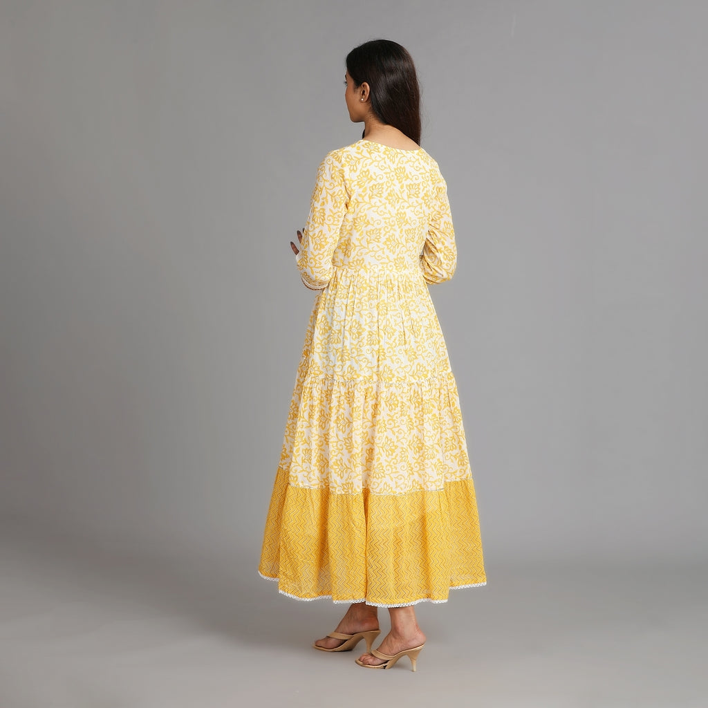 Yellow & White Cotton Long Dress with Attached Belt – 1pc - Aavarana by Karnika