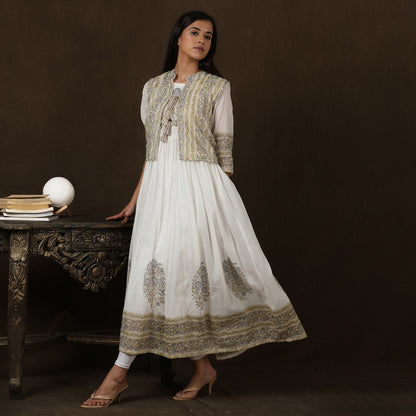 White, Green & Beige Mul Cotton Long Dress with Coat – 2pc - Aavarana by Karnika