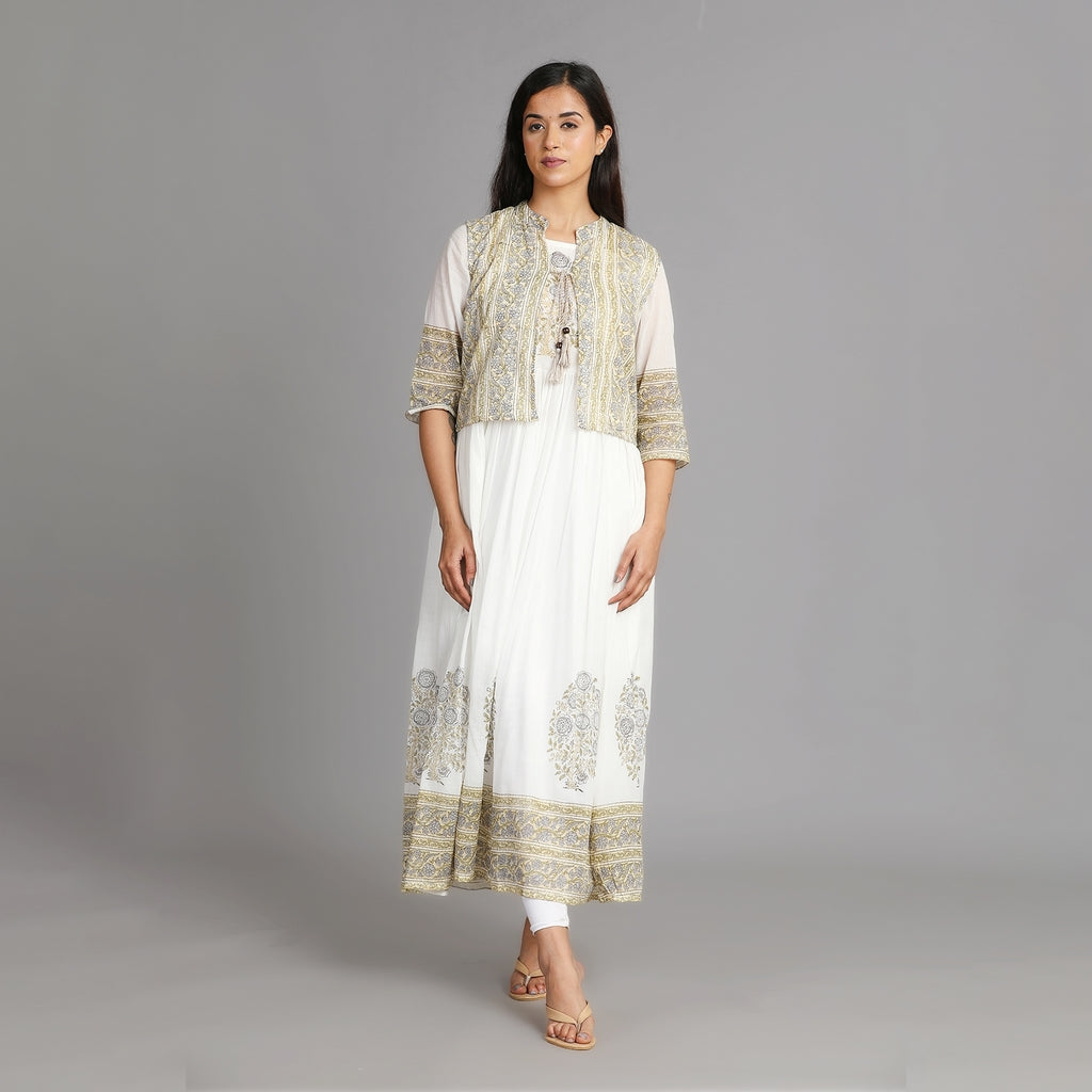 White, Green & Beige Mul Cotton Long Dress with Coat – 2pc - Aavarana by Karnika