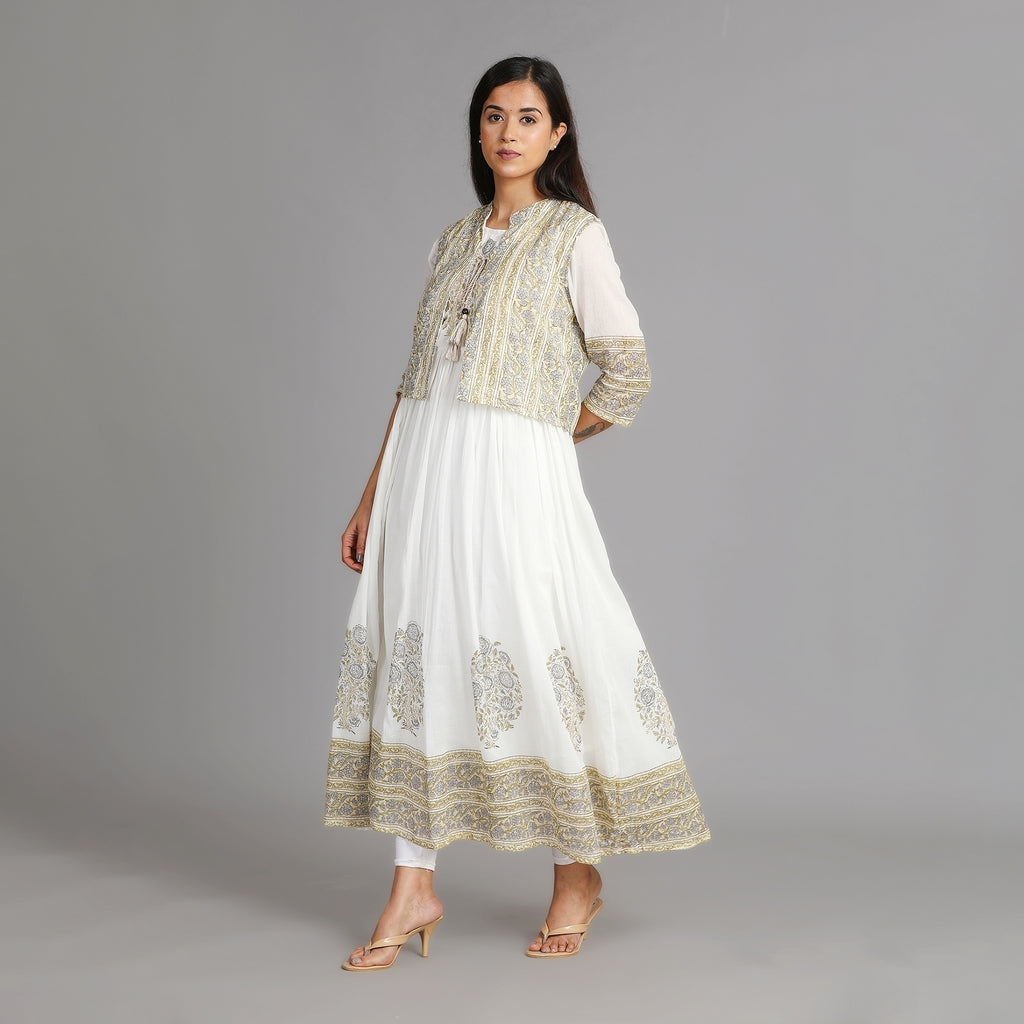 White, Green & Beige Mul Cotton Long Dress with Coat – 2pc - Aavarana by Karnika