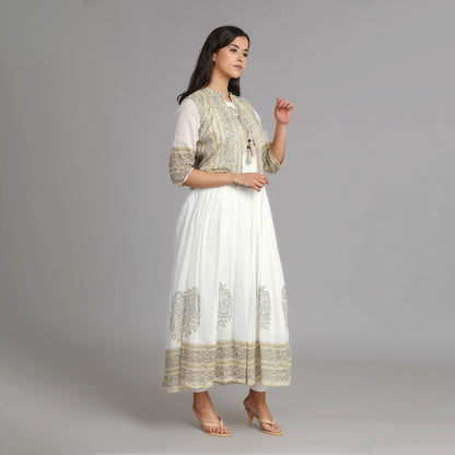 White, Green & Beige Mul Cotton Long Dress with Coat – 2pc - Aavarana by Karnika