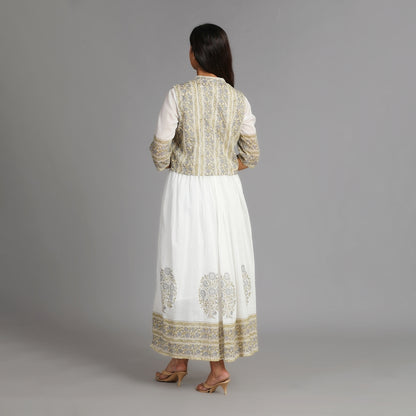 White, Green & Beige Mul Cotton Long Dress with Coat – 2pc - Aavarana by Karnika