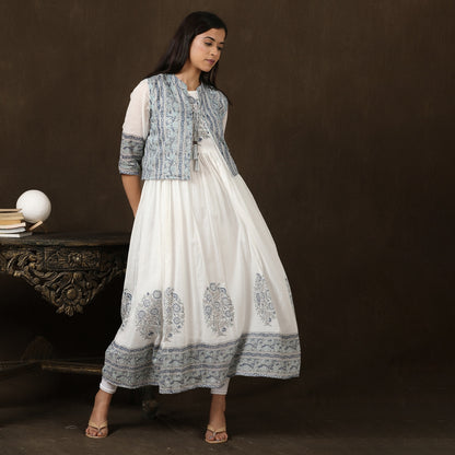 White, Blue & Grey Mul Cotton Long Dress with Coat – 2pc - Aavarana by Karnika