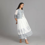 White, Blue & Grey Mul Cotton Long Dress with Coat – 2pc - Aavarana by Karnika