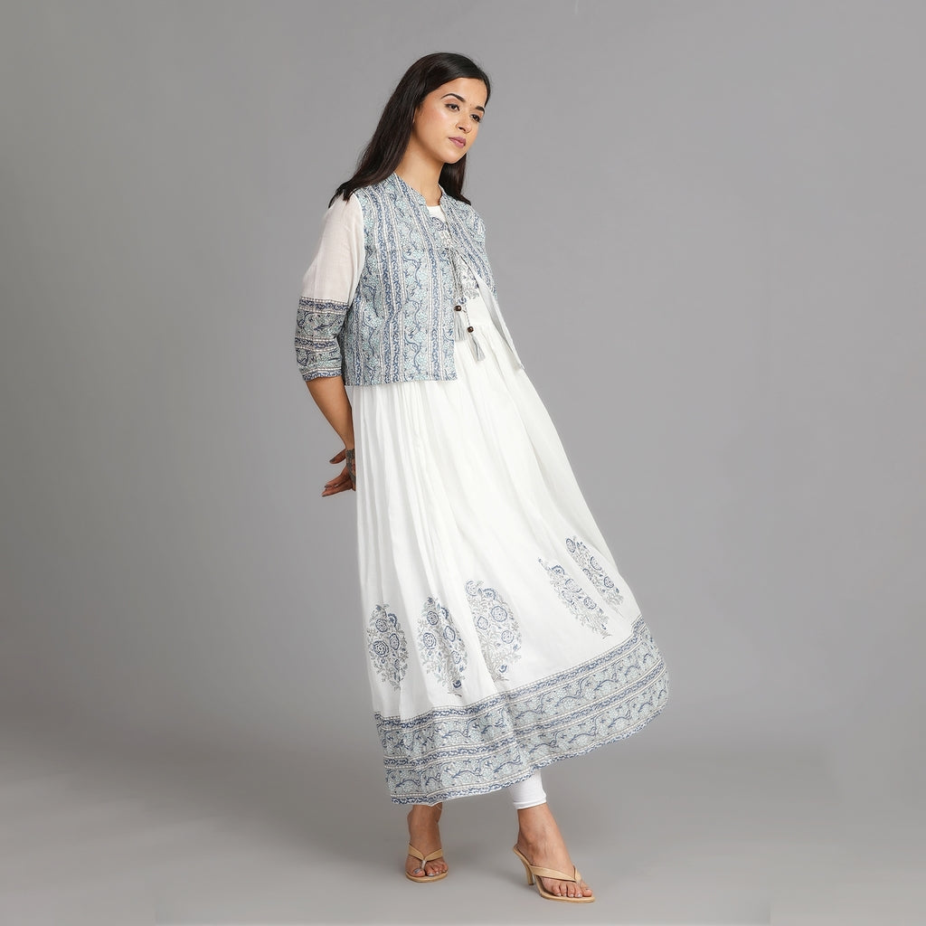 White, Blue & Grey Mul Cotton Long Dress with Coat – 2pc - Aavarana by Karnika