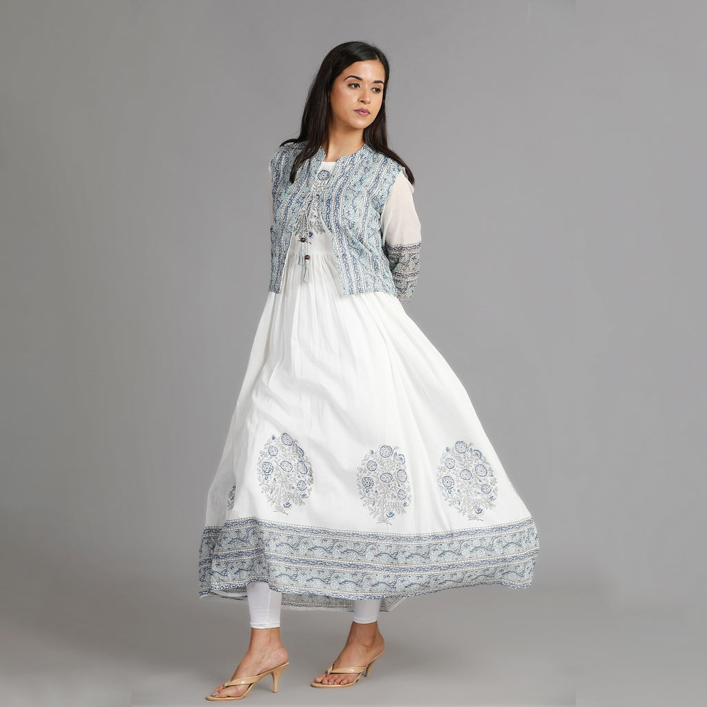 White, Blue & Grey Mul Cotton Long Dress with Coat – 2pc - Aavarana by Karnika